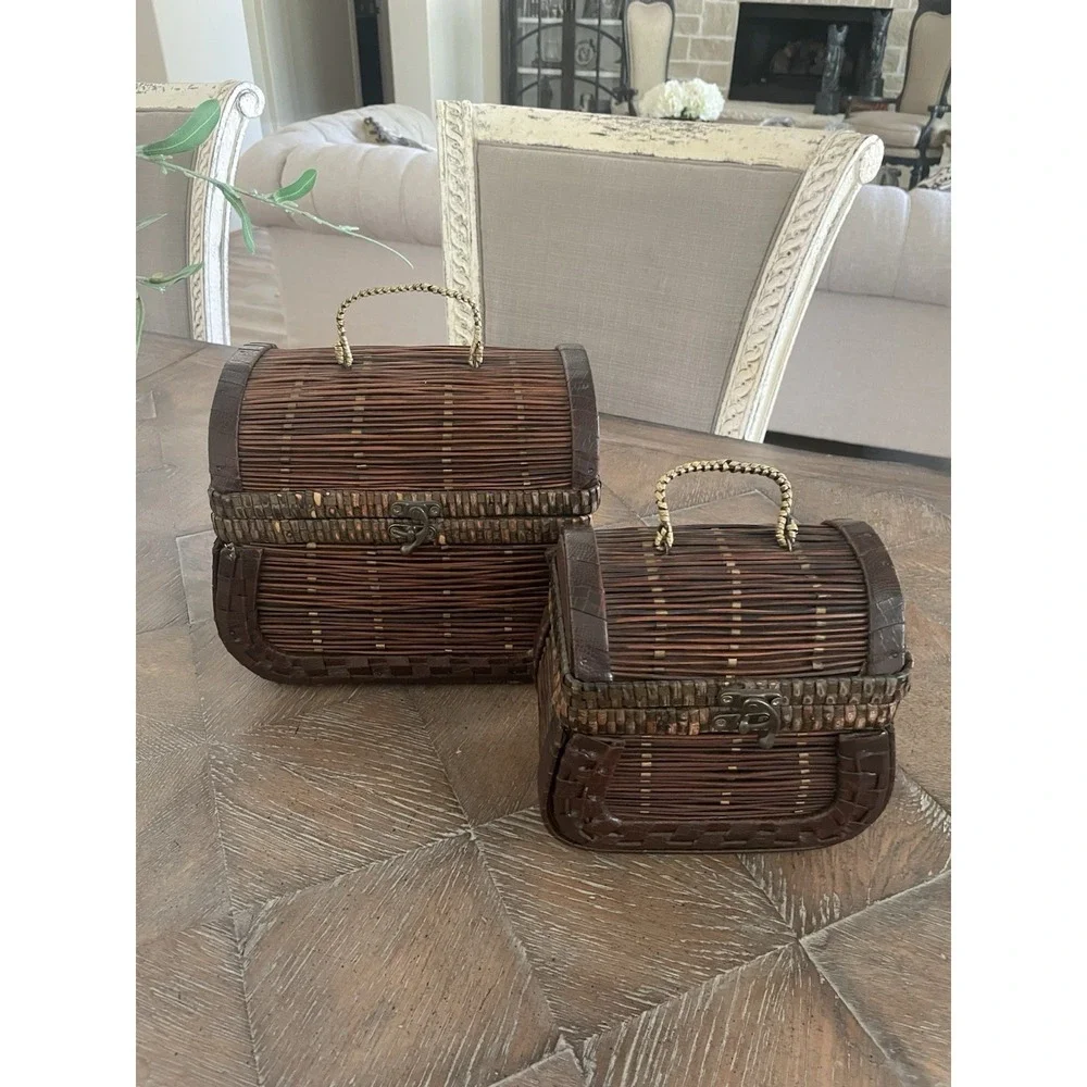 Vtg  Set of 2  Woven Rattan Faux Leather Basket Nesting Boxes w/ Latches Handles